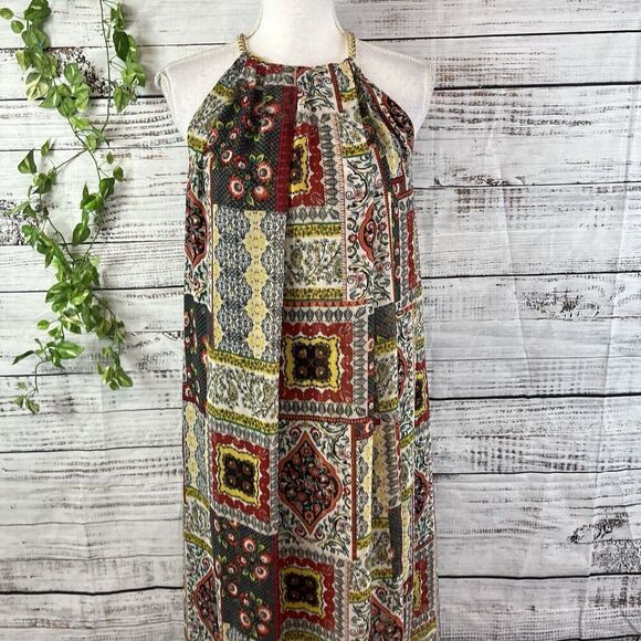 Tahari Dress size Small Orange Blue Gold Floral Paisley Boho Sheer Trapeze Boho - Picture 5 of 16
